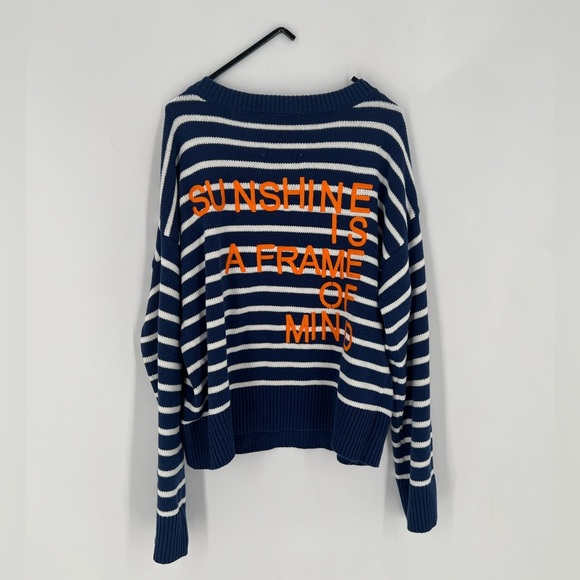 Kerri Rosenthal Knit Striped V Neck Embroidered Font Graphic Sweater Pullover - Picture 6 of 7
